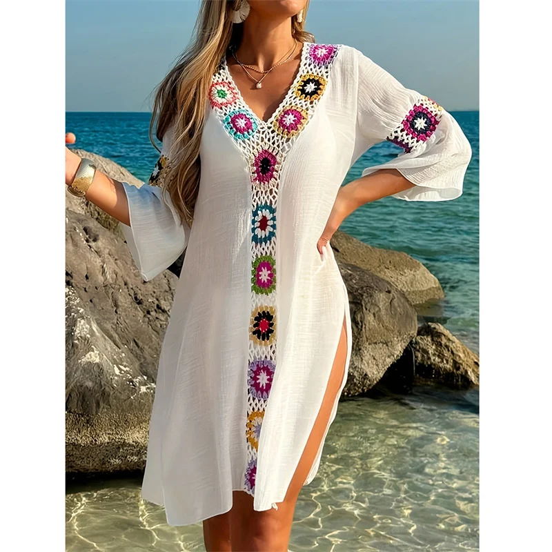 Women‘s Sexy V Neck Patchwork Crochet Knit Dress Boho Beach Swimsuit Side Slit Swimwear Bikini Cover-Up Female Summer Dress
Women‘s Sexy V Neck Patchwork Crochet Knit Dress Boho Beach Swimsuit Side Slit Swimwear Bikini Cover-Up Female Summer Dress