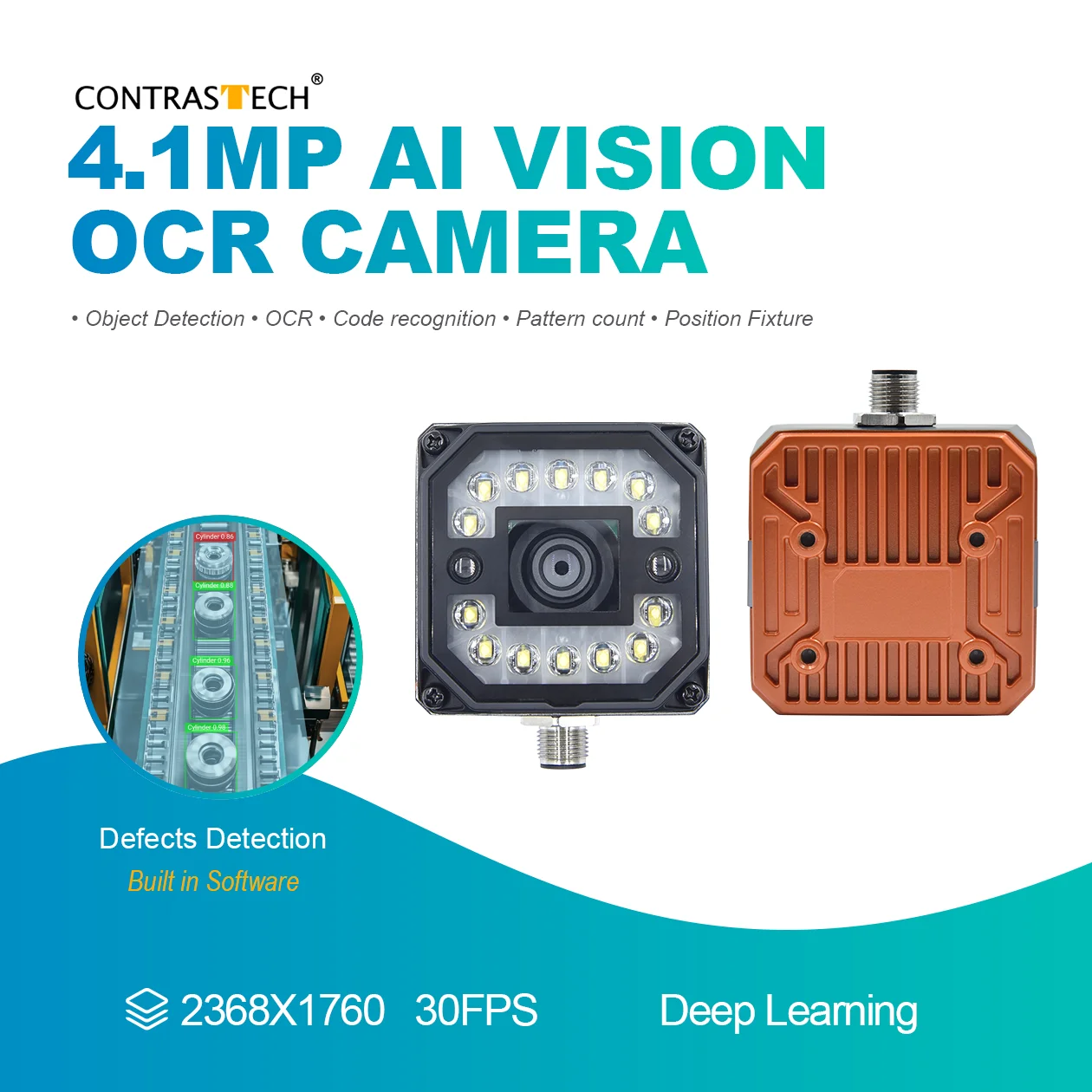 2368x1760 30fps Deep Learning W/R/B/NIR Light OCR AI Vision Smart Camera For Automation Applications Contrastech