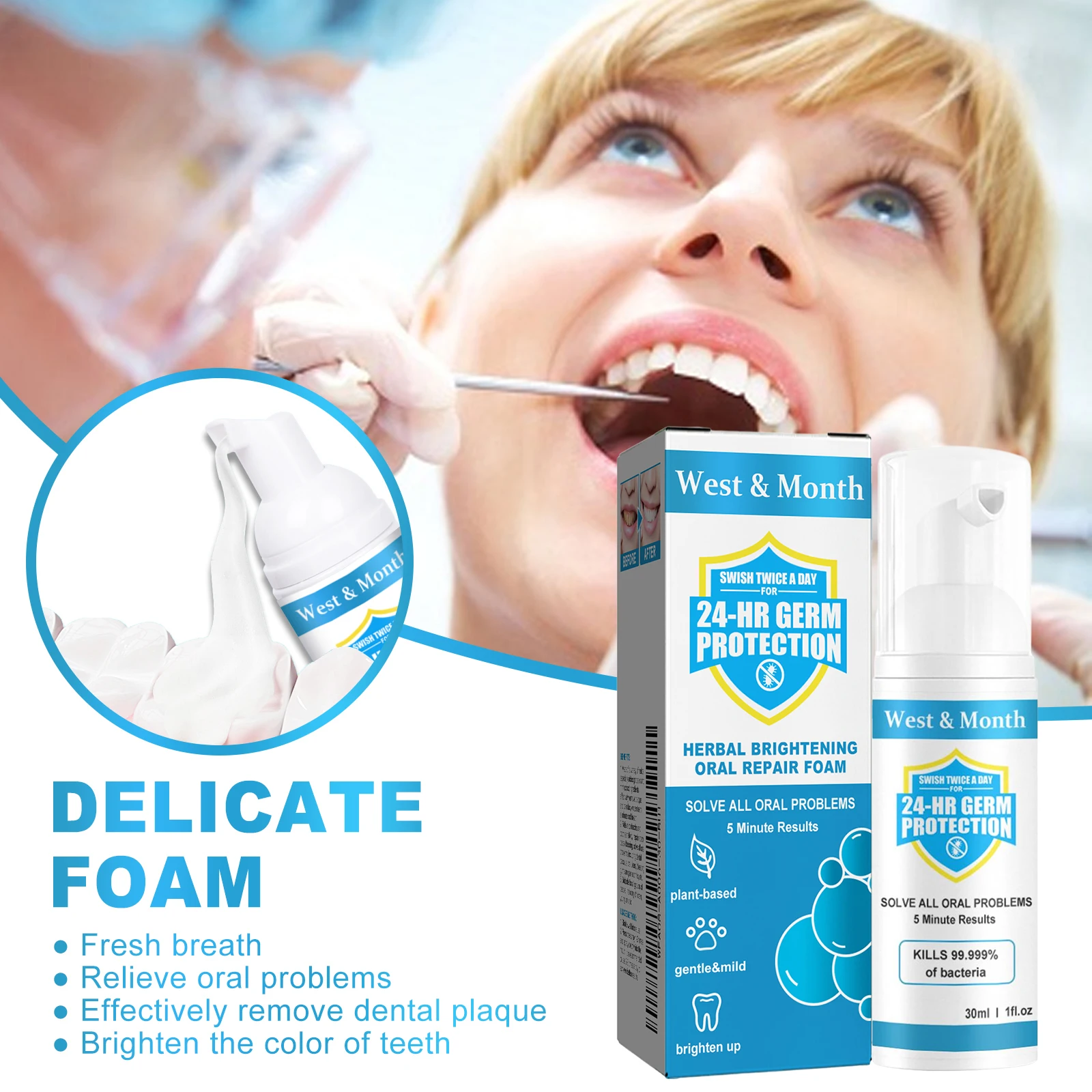 Западной месяц, травяной осветляющий мусс для зубов, удаление неприятного запаха изо рта, очистка пятен чая и кофе, ремонт, отбеливание зубов, мусс для зубов
Западной месяц, травяной осветляющий мусс для зубов, удаление неприятного запаха изо рта, очистка пятен чая и кофе, ремонт, отбеливание зубов, мусс для зубов