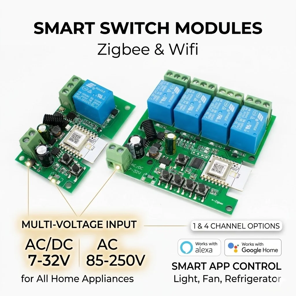 1/4CH Zigbee Smart Wifi Switch Module 220V AC DC 7-32V 85-250V Alexa Googole Home Smart Application to Light,Fan,Refrigerator
1/4CH Zigbee Smart Wifi Switch Module 220V AC DC 7-32V 85-250V Alexa Googole Home Smart Application to Light,Fan,Refrigerator