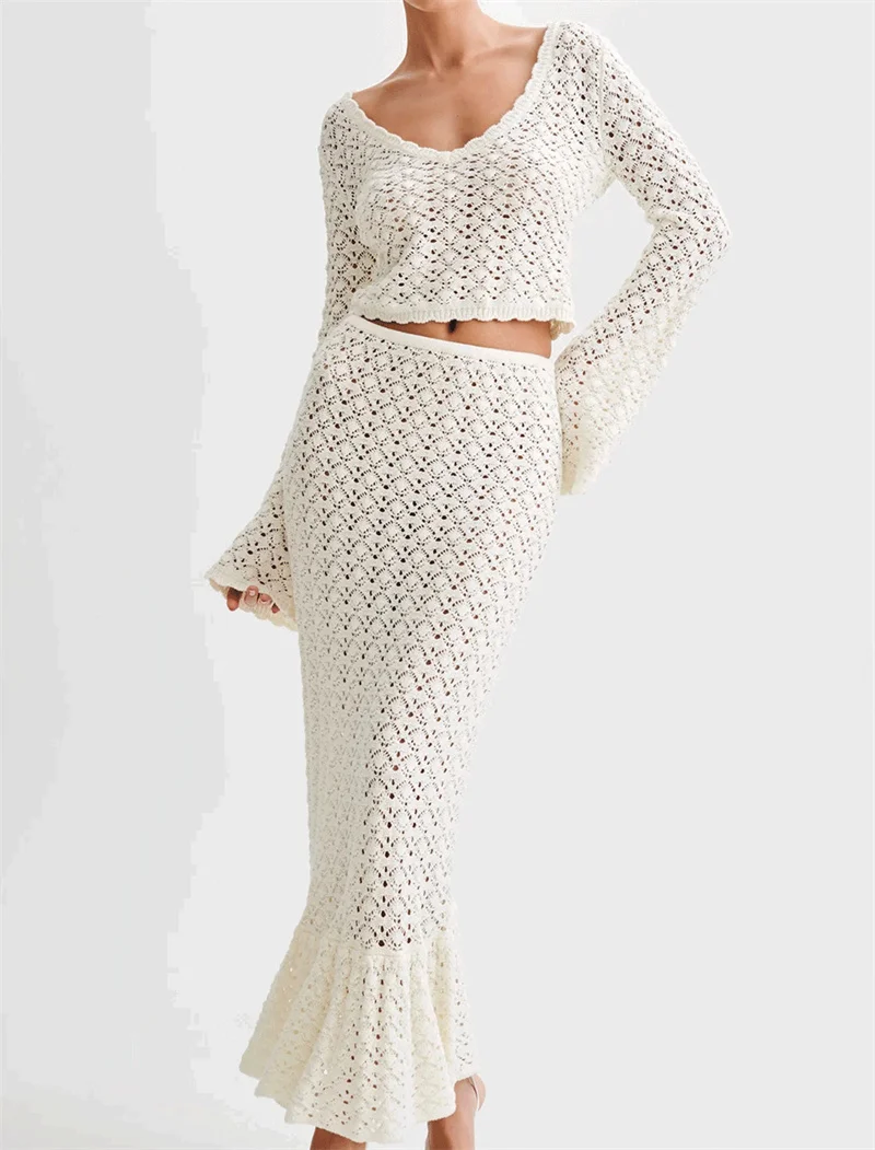 2PCS Women's Long Sleeve Deep V Hollow Out Knit Top Blouse And Skirts Sexy Flounce Swimwear Beach Dress Crochet Bikini Cover-up
2PCS Women's Long Sleeve Deep V Hollow Out Knit Top Blouse And Skirts Sexy Flounce Swimwear Beach Dress Crochet Bikini Cover-up