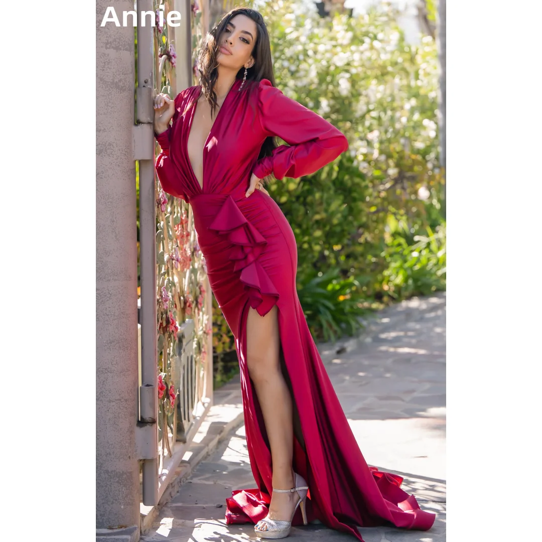 Annie Long Sleeves With Deep V Neck Prom Dresses Ruffled Curled Edge Evening Dresses Mermaid Wedding Party Dress Customized
Annie Long Sleeves With Deep V Neck Prom Dresses Ruffled Curled Edge Evening Dresses Mermaid Wedding Party Dress Customized