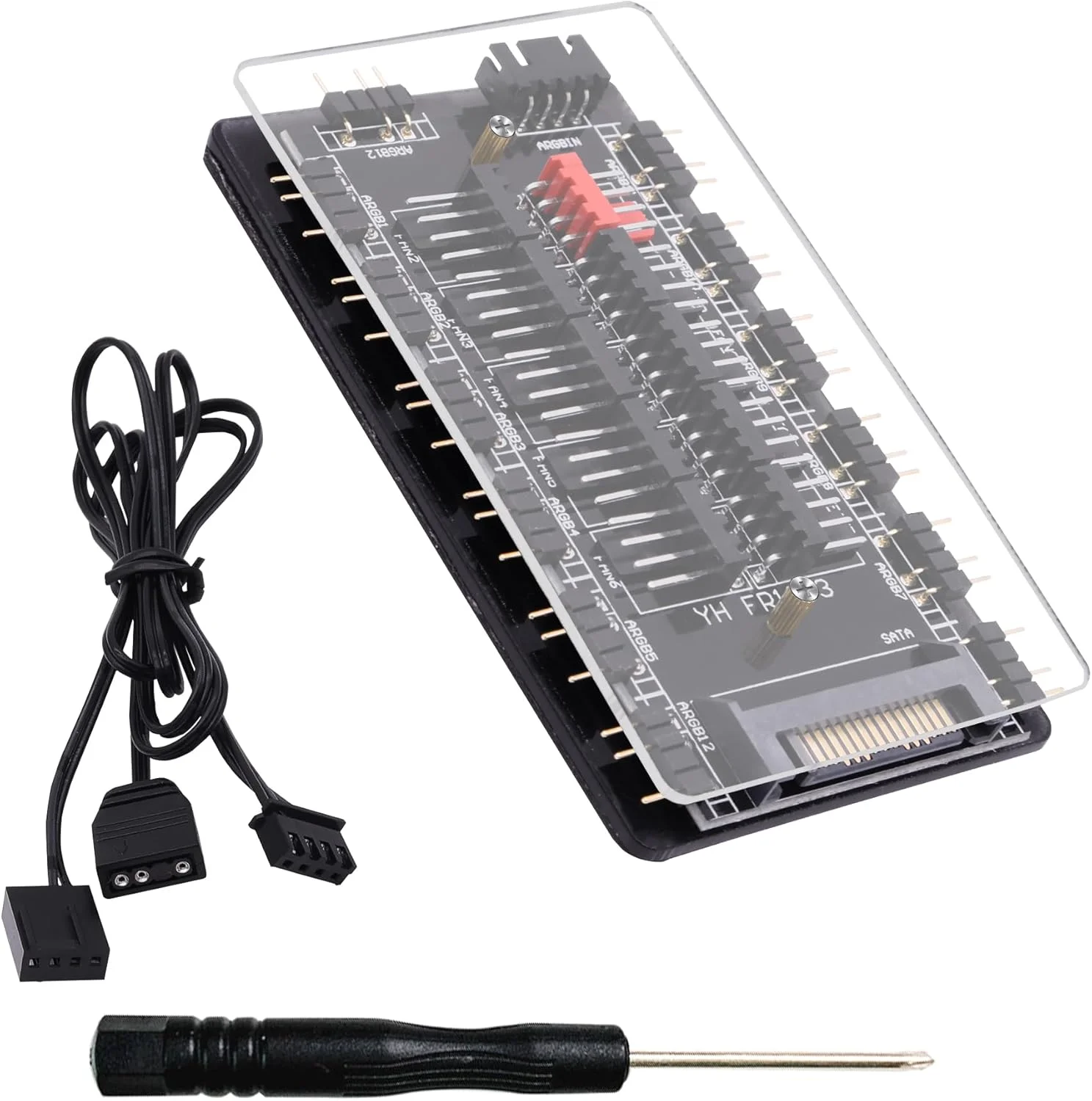 ARGB PWM dual 10-port fan hub with SATA power supply, featuring ARGB 5V 3-pin and 4-pin PWM fan expanders, suitable for PC cases
ARGB PWM dual 10-port fan hub with SATA power supply, featuring ARGB 5V 3-pin and 4-pin PWM fan expanders, suitable for PC cases