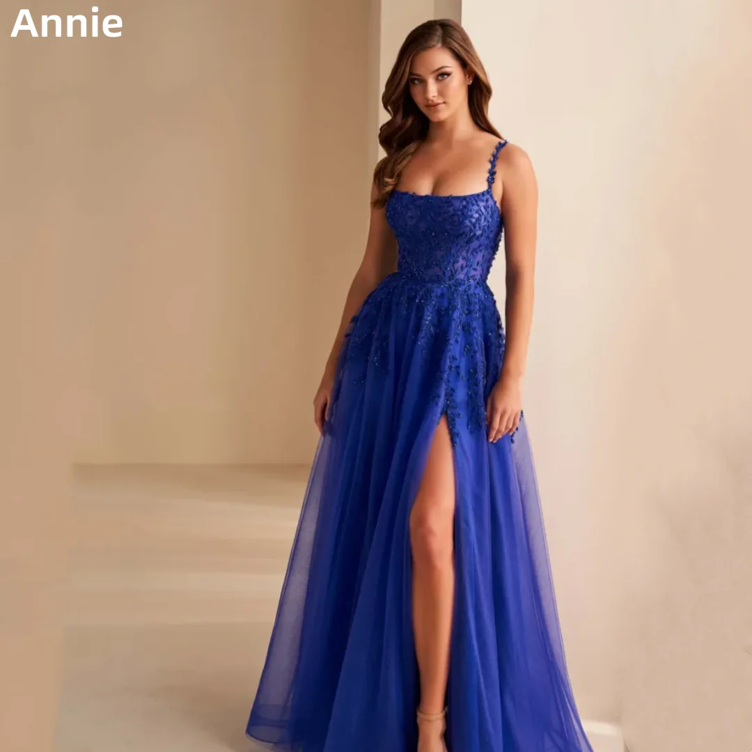 Annie Sequin Embroidery Prom Dresses Sweet Blue Evening Dresses Spaghetti Straps Tulle Side Slits Robes De Soirée Customized
Annie Sequin Embroidery Prom Dresses Sweet Blue Evening Dresses Spaghetti Straps Tulle Side Slits Robes De Soirée Customized