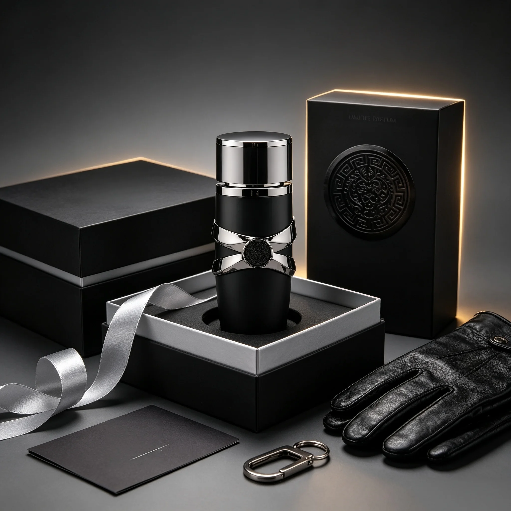 Men's rich perfume with spicy, smoky oud and woody notes, matte black round bottle with polished silver crossed ribbon cap, lion embossed black gift box, soft masculine scent, perfect for autumn and winter evenings, short trips, business travel, or giftin
Men's rich perfume with spicy, smoky oud and woody notes, matte black round bottle with polished silver crossed ribbon cap, lion embossed black gift box, soft masculine scent, perfect for autumn and winter evenings, short trips, business travel, or giftin