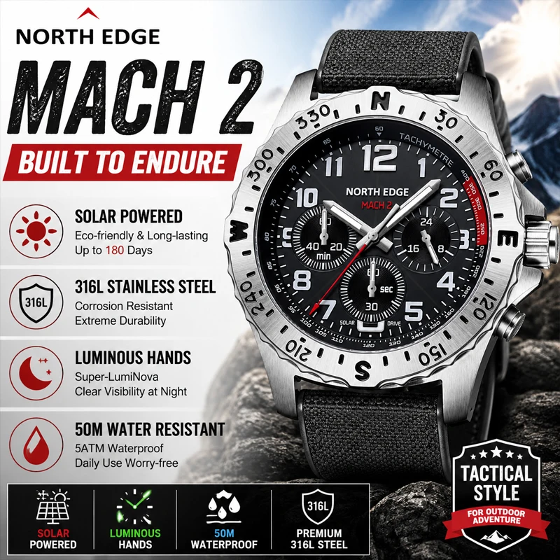 NORTH EDGE MACH 2 Men's Watches Solar Power 316 stainless steel Case Quartz Watch For Men Pilot Waterproof 50M Stopwatch 2026New
NORTH EDGE MACH 2 Men's Watches Solar Power 316 stainless steel Case Quartz Watch For Men Pilot Waterproof 50M Stopwatch 2026New