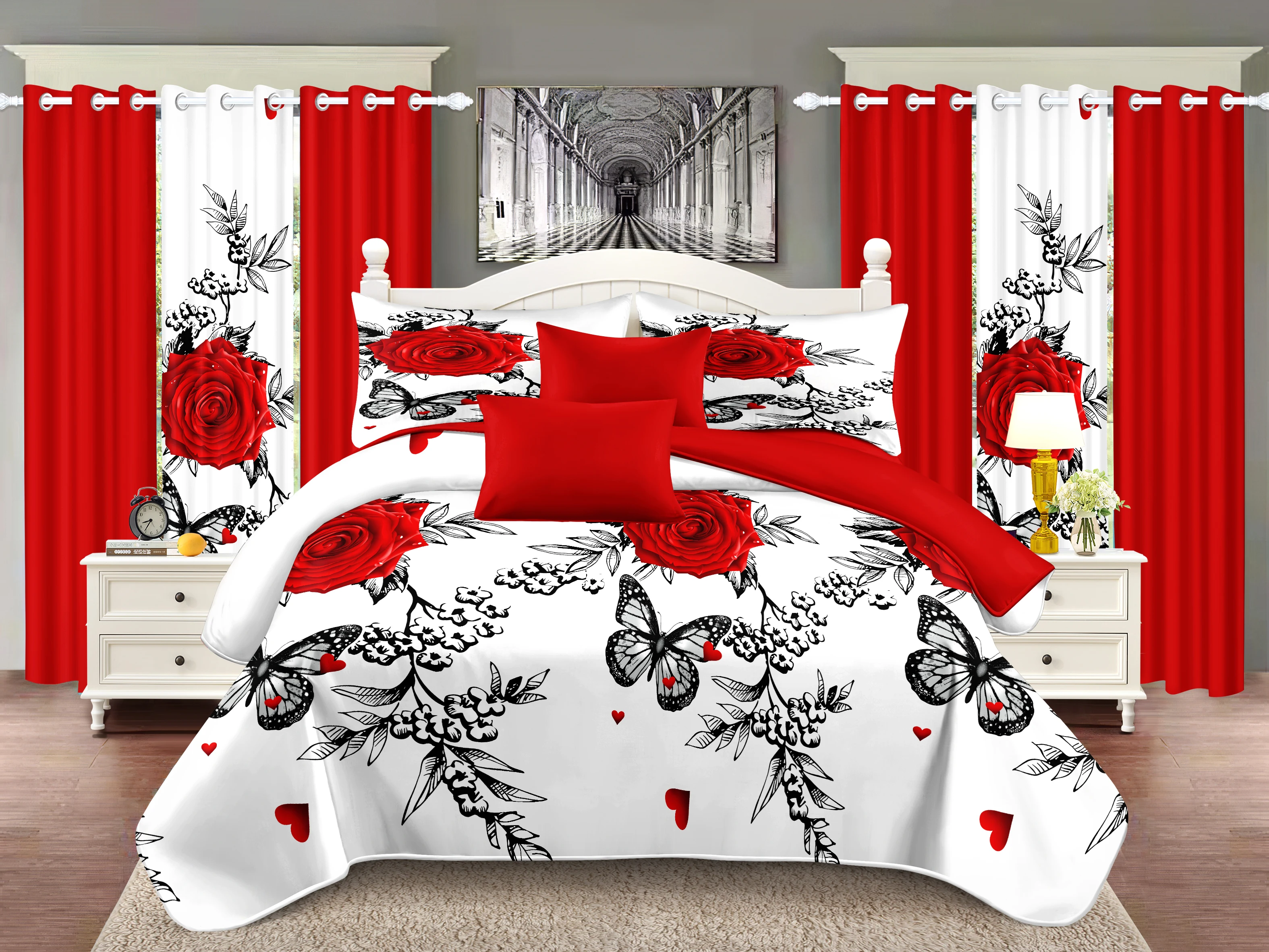 Комплект постельного белья из 9 предметов (1 покрывало + 2 наволочки + 2 шторы с принтом + 4 однотонные шторы) – Мягкий, комфортный, с узором «Красные розы»
Комплект постельного белья из 9 предметов (1 покрывало + 2 наволочки + 2 шторы с принтом + 4 однотонные шторы) – Мягкий, комфортный, с узором «Красные розы»