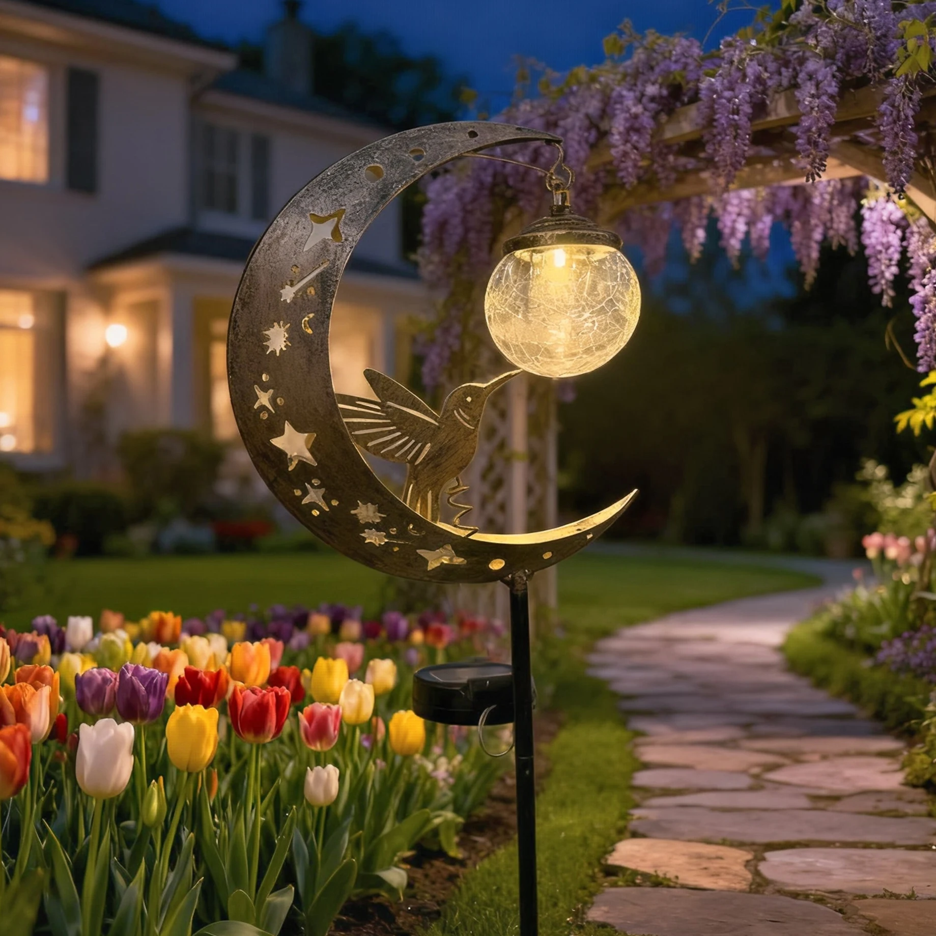 Наземный светильник в форме луны на солнечной энергии с украшениями в виде колибри и стеклянных шаров, подходит для украшения наружного сада
Наземный светильник в форме луны на солнечной энергии с украшениями в виде колибри и стеклянных шаров, подходит для украшения наружного сада