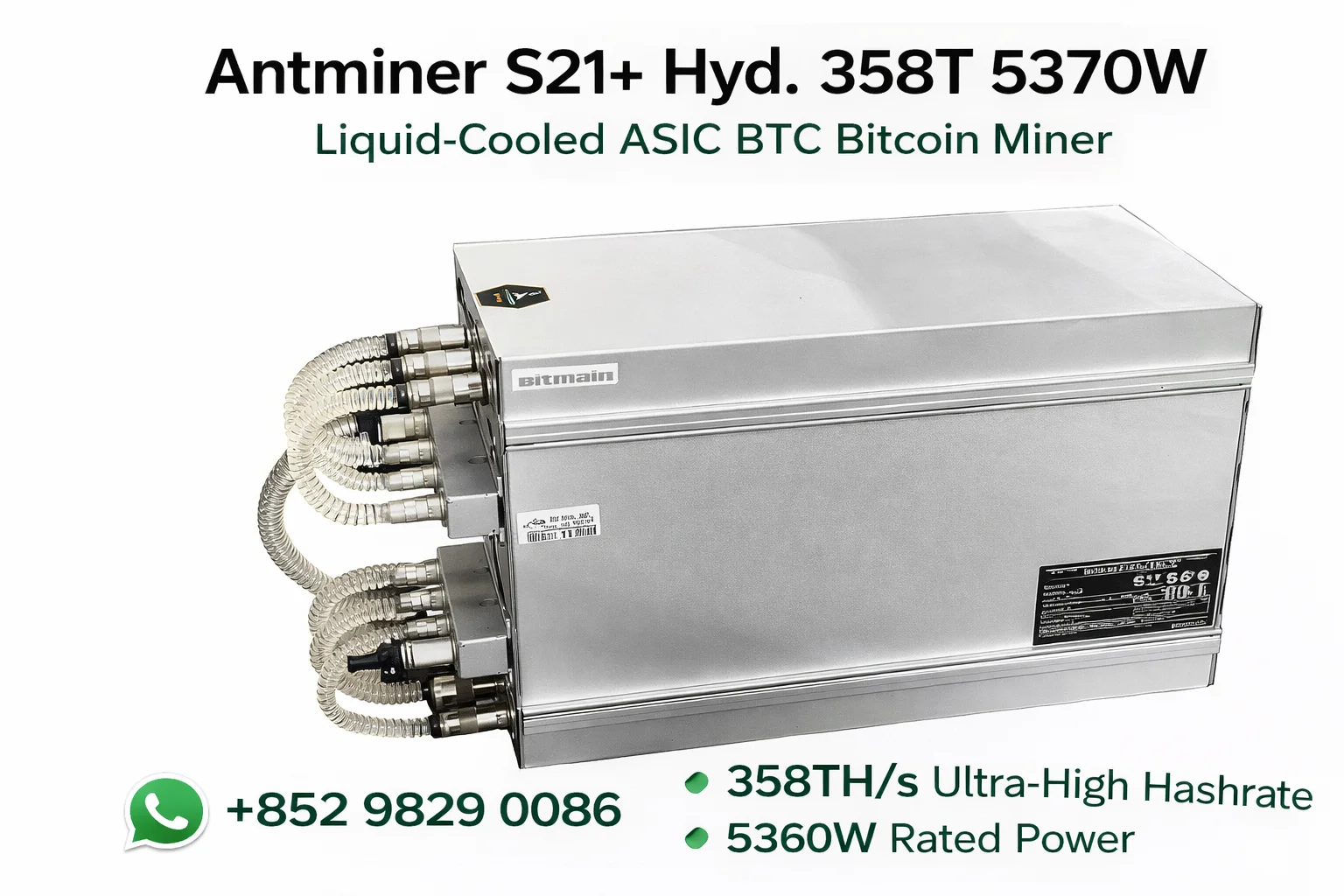 POV BITMAIN Antminer S21+ Hydro 358TH/s Premium Bitcoin ASIC Miner – Next-Generation SHA-256 Mining Technology with 5370W Power
POV BITMAIN Antminer S21+ Hydro 358TH/s Premium Bitcoin ASIC Miner – Next-Generation SHA-256 Mining Technology with 5370W Power