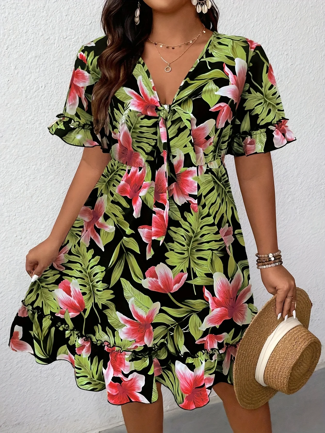 2025 Plus Size Fashion Pick! Tropical Floral Print V - Neck Tie - Waist Dress (Plus Size). Black Base with Pink Flowers, V-Ne
2025 Plus Size Fashion Pick! Tropical Floral Print V - Neck Tie - Waist Dress (Plus Size). Black Base with Pink Flowers, V-Ne