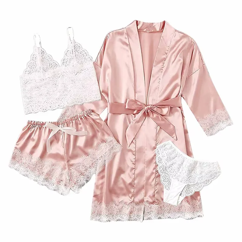 Women's Summer Sexy Pajama Pants Set 4 Pieces Lace Satin With Silk Sleepwear Robe Fashion And Comfortable Nightwear
Women's Summer Sexy Pajama Pants Set 4 Pieces Lace Satin With Silk Sleepwear Robe Fashion And Comfortable Nightwear
