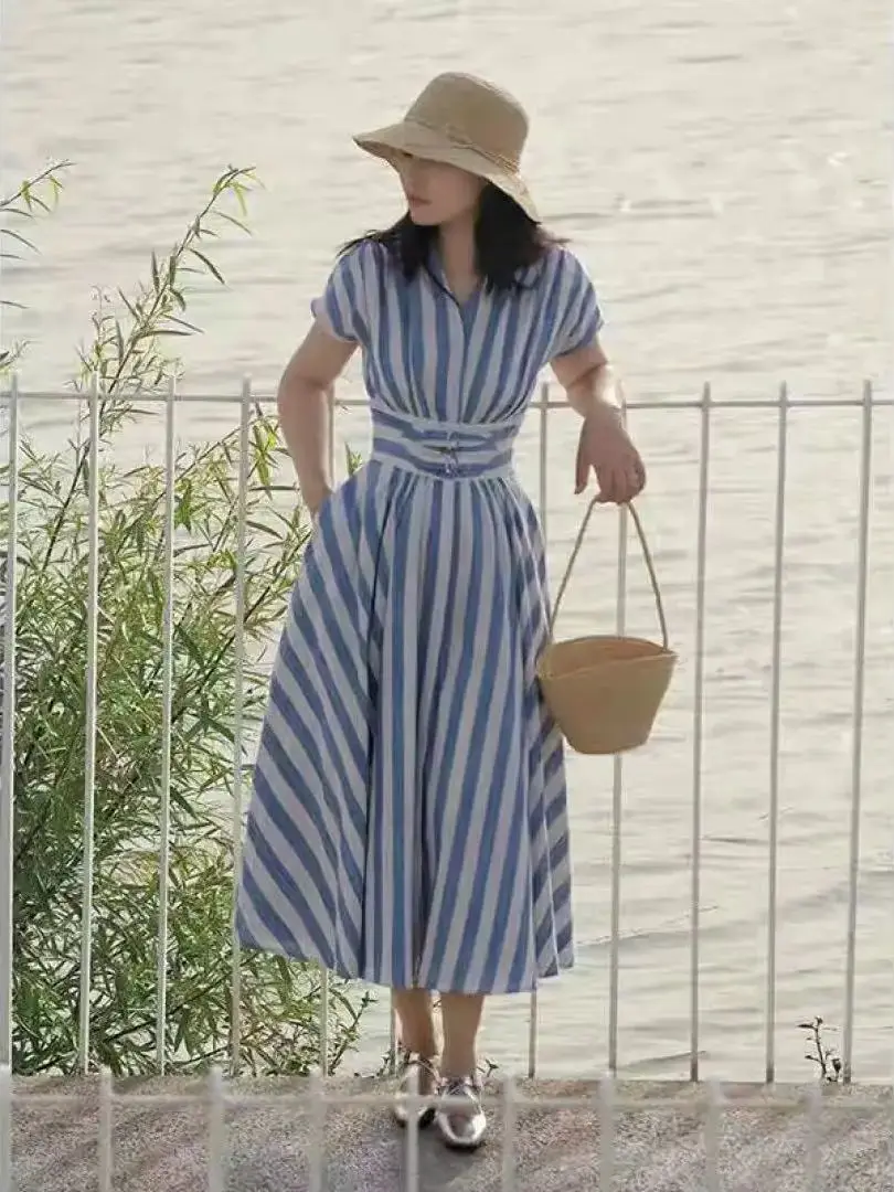 High quality retro slimming striped linen dress
High quality retro slimming striped linen dress