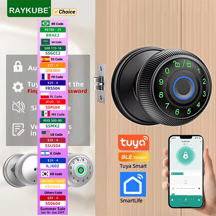 RAYKUBE Q6 Tuya BLE умный дверной замок с отпечатком пальца электронный замок с паролем/ключом/Smartlife/Tuya разблокировка приложения для спальни
RAYKUBE Q6 Tuya BLE умный дверной замок с отпечатком пальца электронный замок с паролем/ключом/Smartlife/Tuya разблокировка приложения для спальни