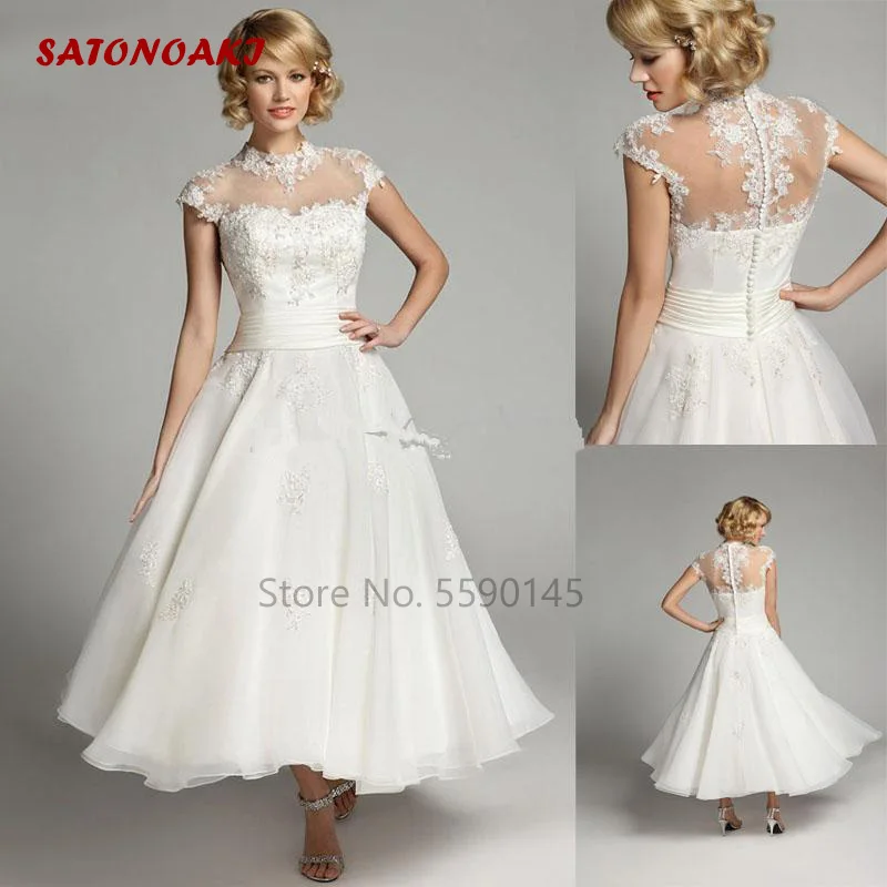 Simple Vintage High Neck Short Wedding Dress Ankle Length Cap Sleeve Ivory Lace Organza Bridal Gown Custom Made Vestido De Novia
Simple Vintage High Neck Short Wedding Dress Ankle Length Cap Sleeve Ivory Lace Organza Bridal Gown Custom Made Vestido De Novia