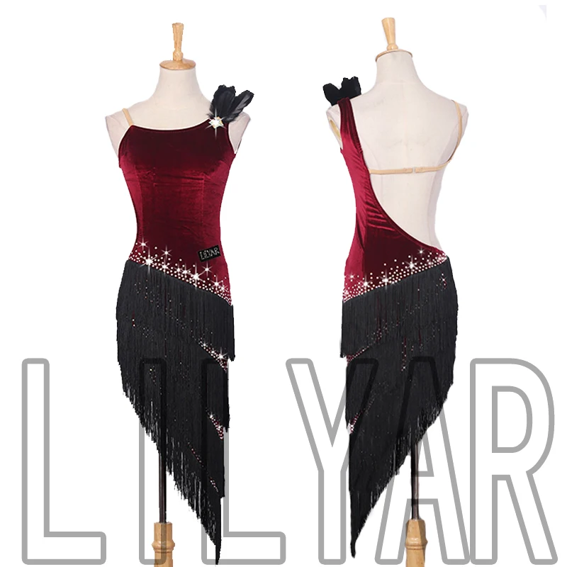 New Latin Show Competition Wine Red Velvet with Black Tassel Hem Shiny Diamond Dance Skirt
New Latin Show Competition Wine Red Velvet with Black Tassel Hem Shiny Diamond Dance Skirt