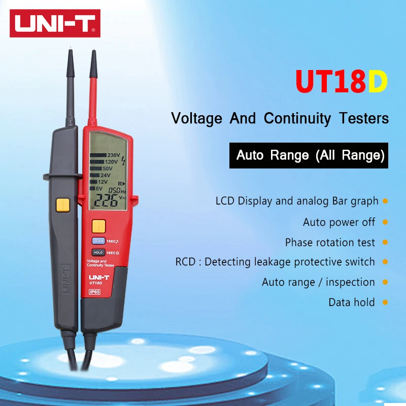 UNI-T UT18D Digital Voltmeter 690V AC DC Voltage Meter Full LCD Display RCD Test Auto Range Metal Detector Waterproof Test Pen
UNI-T UT18D Digital Voltmeter 690V AC DC Voltage Meter Full LCD Display RCD Test Auto Range Metal Detector Waterproof Test Pen