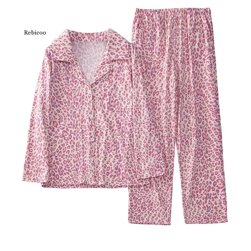 Autumn Knitted Cotton Pajamas Long-Sleeved Trousers Leopard Printing Woman Pijama Set Lapel Two Piece Set Ladies Sexy Nightwear
Autumn Knitted Cotton Pajamas Long-Sleeved Trousers Leopard Printing Woman Pijama Set Lapel Two Piece Set Ladies Sexy Nightwear