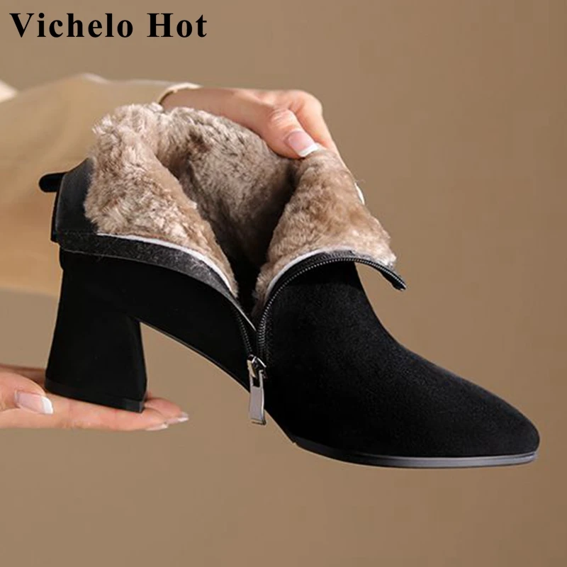 Vichelo Hot elegant snow boots ins winter keep warm kid suede pointed toe thick high heels sheep fur young lady ankle boots l57
Vichelo Hot elegant snow boots ins winter keep warm kid suede pointed toe thick high heels sheep fur young lady ankle boots l57