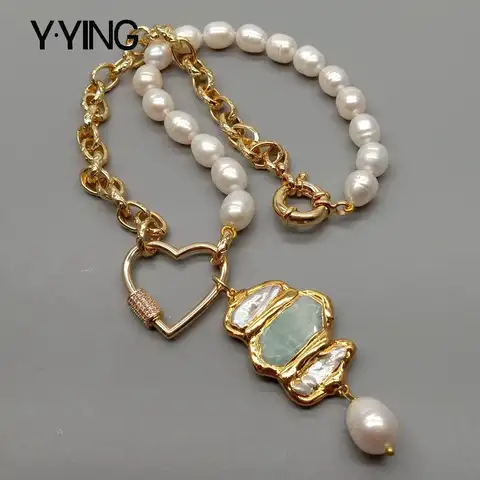 Y.YING natural White Rice freshwater Pearl Gold color Plated Chain statement Necklace Biwa Pearl Amazonite Pendant 19"