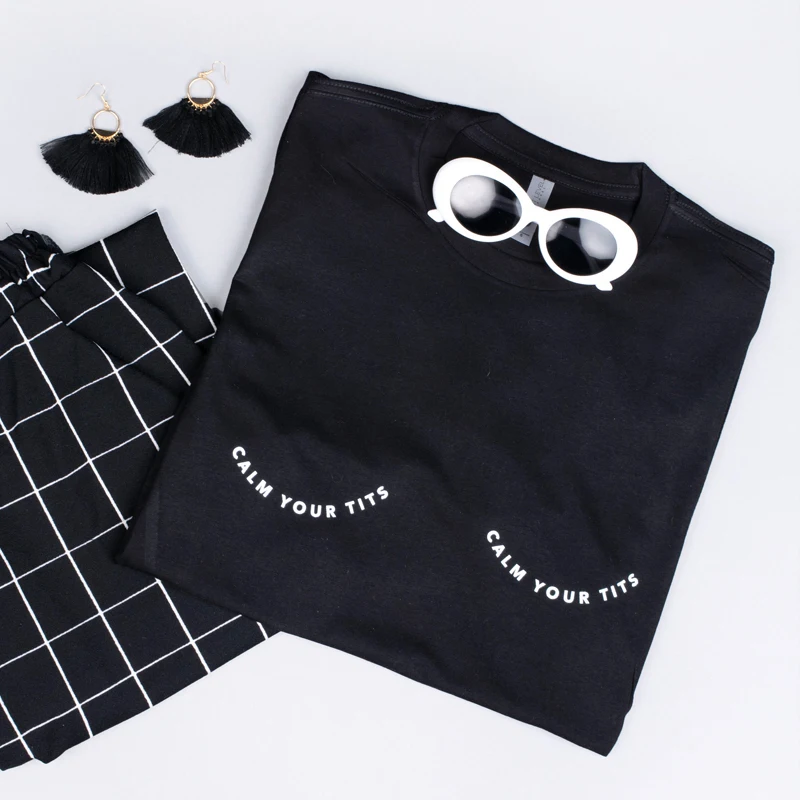 Calm Your Tits Black Unisex T-Shirt Funny Women Boobies Graphic Slogan Tee Top New Trendy Street Style Oversized Feminism Tshirt
Calm Your Tits Black Unisex T-Shirt Funny Women Boobies Graphic Slogan Tee Top New Trendy Street Style Oversized Feminism Tshirt