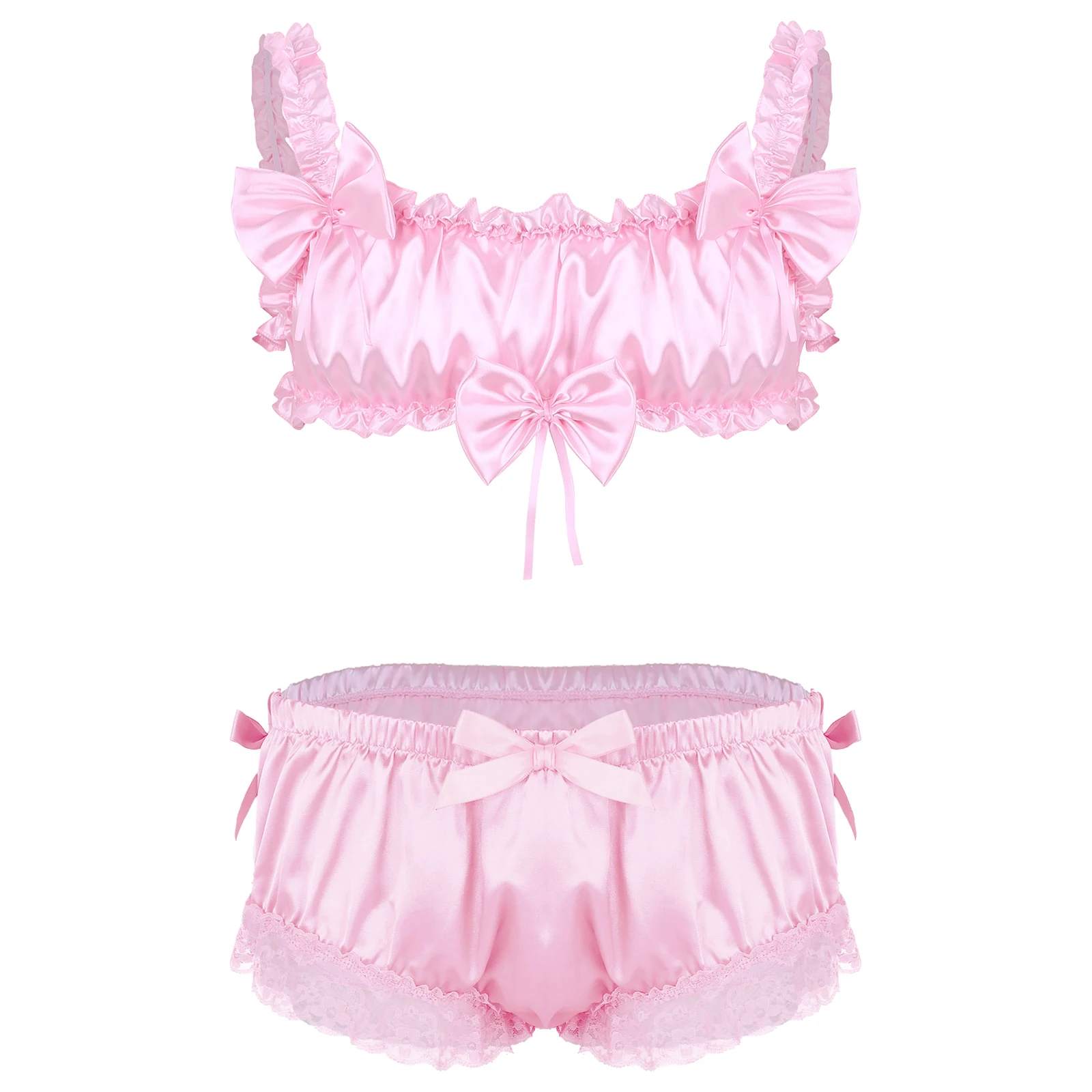 Men Sissy Pink Sexy Lingerie Sets Satin Frilly Elastic Shoulder Straps Wire-free Bra Tops with Floral Lace Hem Bowknot Briefs
Men Sissy Pink Sexy Lingerie Sets Satin Frilly Elastic Shoulder Straps Wire-free Bra Tops with Floral Lace Hem Bowknot Briefs