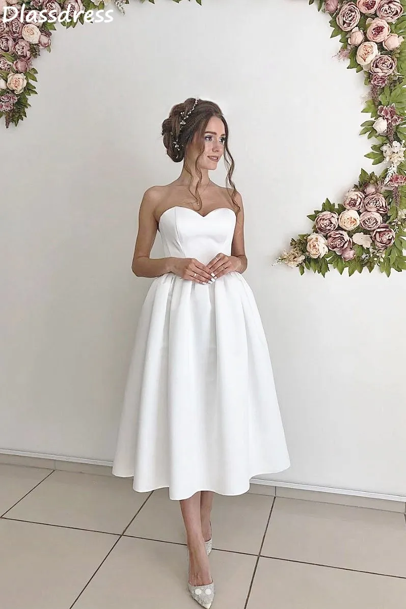 Strapless White Evening Dresses Tea-length Satin Simple Lace-up Backless Sweetheart Neck A-line Prom Dressess ukienki wizytowe
Strapless White Evening Dresses Tea-length Satin Simple Lace-up Backless Sweetheart Neck A-line Prom Dressess ukienki wizytowe