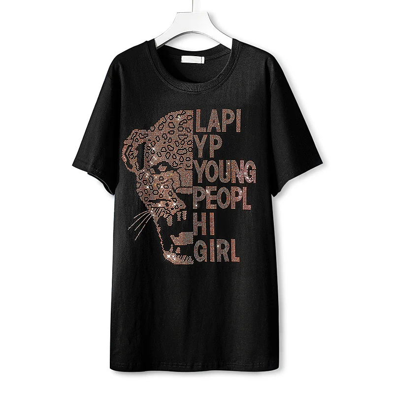 Summer Leopard head pattern Hot diamonds short-sleeve Mid-length T-shirt women new Europe style Loose Casual long tops female
Summer Leopard head pattern Hot diamonds short-sleeve Mid-length T-shirt women new Europe style Loose Casual long tops female