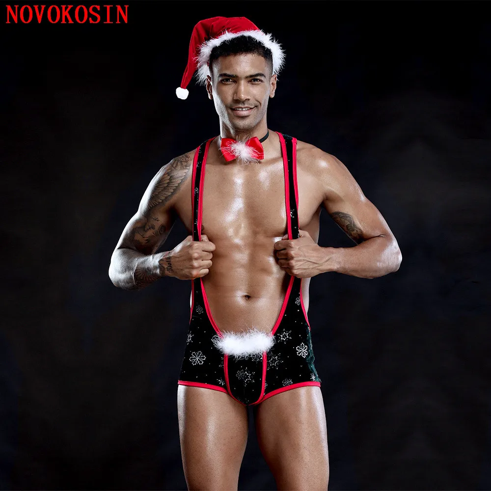 Christmas Rompers White Fur Black Overall Bondage Hat Sexy Men Gay Underwear Bandage Snow Printed Bodysuit Strap Singlet Pants
Christmas Rompers White Fur Black Overall Bondage Hat Sexy Men Gay Underwear Bandage Snow Printed Bodysuit Strap Singlet Pants
