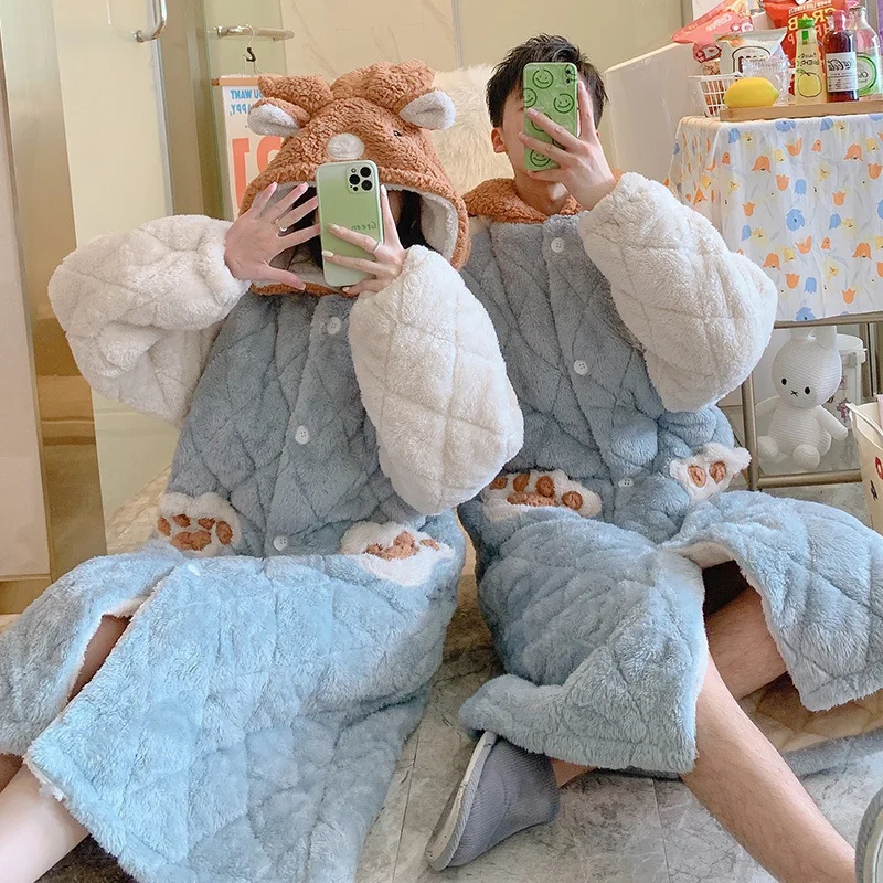 Winter New Flannel Couple Thick Nightwear Pajamas Robe Cartoon Hooded Coral Velvet Bathrobe Thermal Sleepwear Women&men Homewear
Winter New Flannel Couple Thick Nightwear Pajamas Robe Cartoon Hooded Coral Velvet Bathrobe Thermal Sleepwear Women&men Homewear