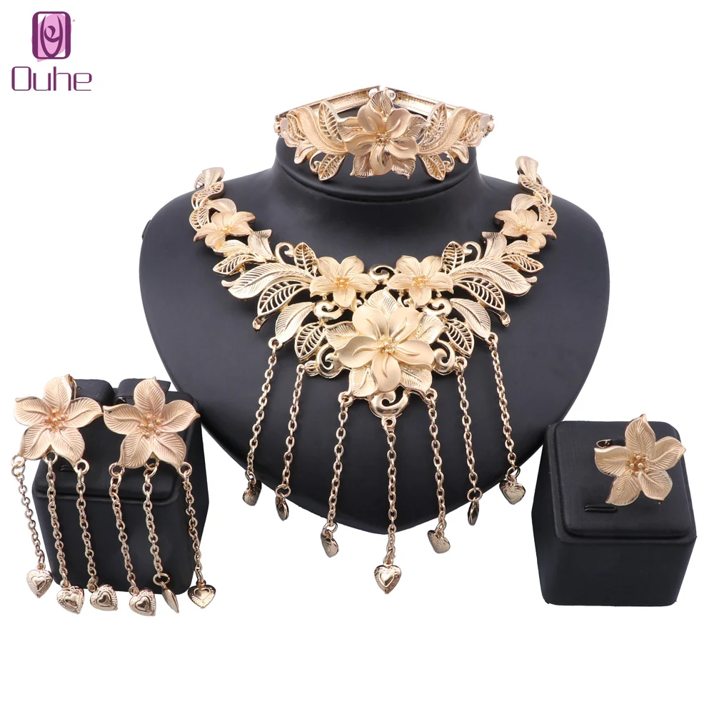 Dubai Gold Color Bridal Flower Jewelry Sets Fashion African Beads Jewelry set Big Nigeria Wedding Necklace Earring Ring Bangle
Dubai Gold Color Bridal Flower Jewelry Sets Fashion African Beads Jewelry set Big Nigeria Wedding Necklace Earring Ring Bangle