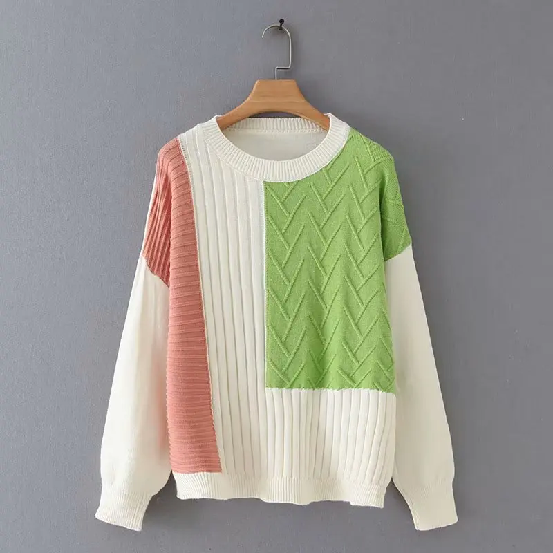 Long-sleeved Lazy Wind Round Neck Sweater Women Fashion Color Matching Jacquard Striped Knitted Sweater Female Spring Autumn
Long-sleeved Lazy Wind Round Neck Sweater Women Fashion Color Matching Jacquard Striped Knitted Sweater Female Spring Autumn
