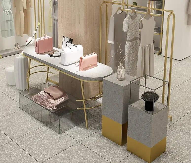 Mijin clothing store high and low water table. Shoe and bag window display stand.
Mijin clothing store high and low water table. Shoe and bag window display stand.