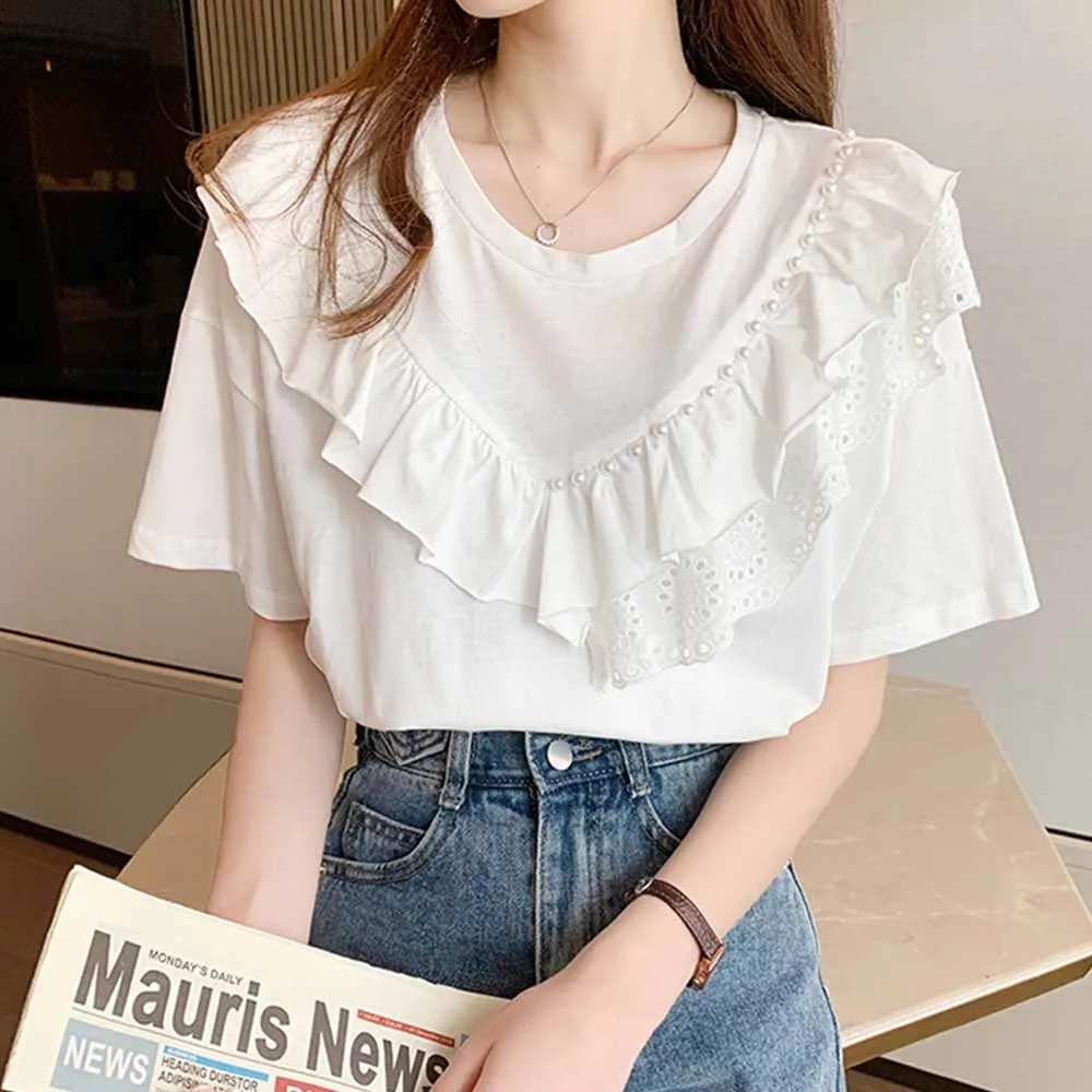 Korean Casual Simple Pink All-Matching Round Neck Loose Tees Top 2022 Summer New Beaded Lace Ruffled Short Sleeve T-shirt Female
Korean Casual Simple Pink All-Matching Round Neck Loose Tees Top 2022 Summer New Beaded Lace Ruffled Short Sleeve T-shirt Female