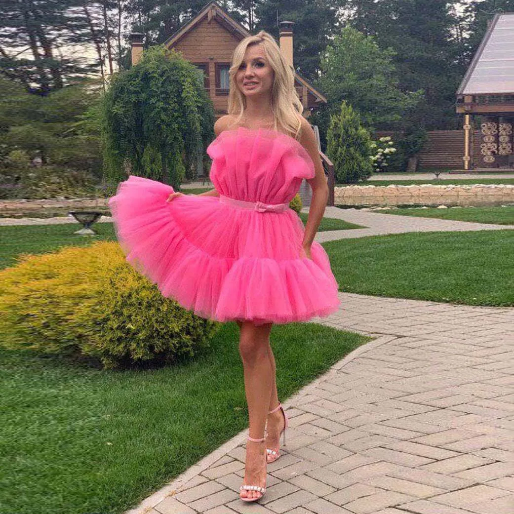 Pink Elegant Exquisite Casual Women Dress A-Line Tulle Ruffle Mini Dress Strapless Bowknot Ribbon Trim Party Dress Custom Made
Pink Elegant Exquisite Casual Women Dress A-Line Tulle Ruffle Mini Dress Strapless Bowknot Ribbon Trim Party Dress Custom Made