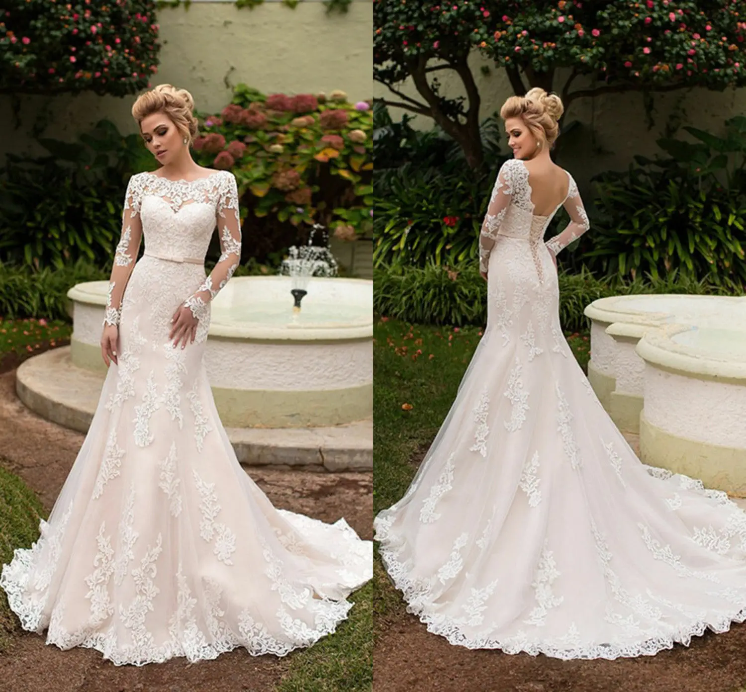 French Illusion Long Sleeves Vintage Lace Mermaid Wedding Dress Vestido De Novia Lace up Champagne Color Wedding Dresses
French Illusion Long Sleeves Vintage Lace Mermaid Wedding Dress Vestido De Novia Lace up Champagne Color Wedding Dresses