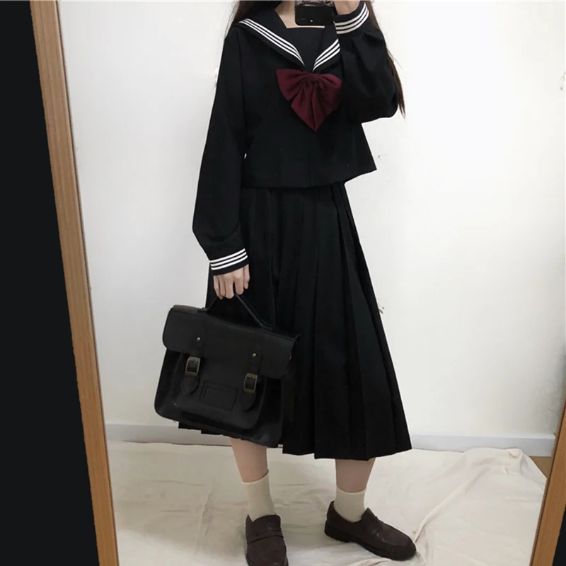 Japanese Dark Long-Sleeved Sailor Collar Shirt High Waist Pleated Skirt JK Uniform Suit, Female Autumn school girl uniform
Japanese Dark Long-Sleeved Sailor Collar Shirt High Waist Pleated Skirt JK Uniform Suit, Female Autumn school girl uniform