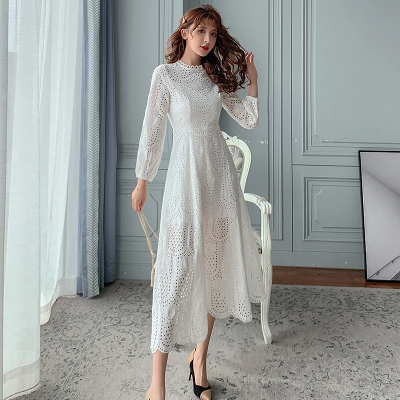 Women's French Style Elegant Long Dress Solid O-Neck Crocheted Hollow Out Long Sleeves A-Line Dresses Spring Summer 2021
Women's French Style Elegant Long Dress Solid O-Neck Crocheted Hollow Out Long Sleeves A-Line Dresses Spring Summer 2021