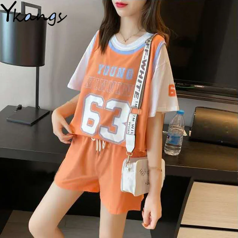 Summer Women's Printed T-shirt Loose High Waist Shorts Two-Piece Set Korean Casual Fake Two-piece Jersey Ladies Sportswear Suit
Summer Women's Printed T-shirt Loose High Waist Shorts Two-Piece Set Korean Casual Fake Two-piece Jersey Ladies Sportswear Suit
