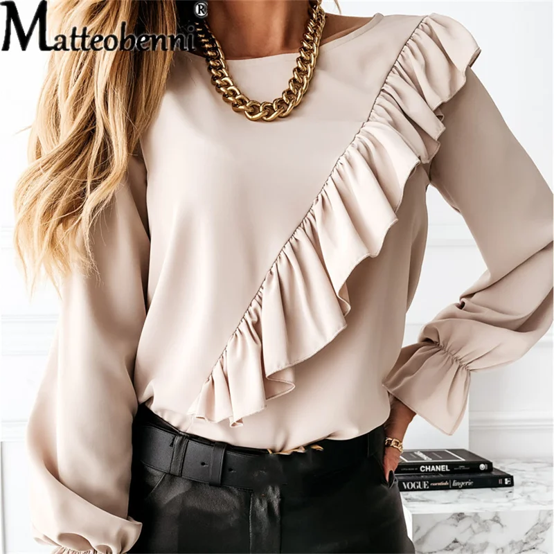 Elegant Office Women Ruffle Stitching Flared Sleeve Bottoming Shirt Ladies Solid Casual Round Neck Long-Sleeve Pullover Top 2021
Elegant Office Women Ruffle Stitching Flared Sleeve Bottoming Shirt Ladies Solid Casual Round Neck Long-Sleeve Pullover Top 2021