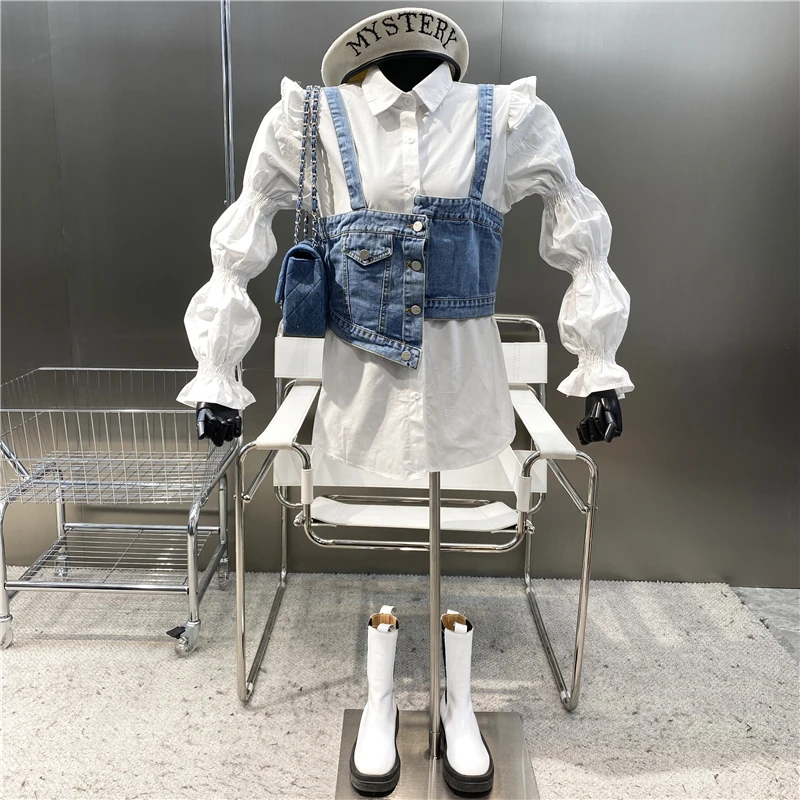 New 2021 Foreign Style Irregular Breasted Denim Suspender +Lapel Flounce Stitching Bubble Sleeve White Shirt Two-piece Set
New 2021 Foreign Style Irregular Breasted Denim Suspender +Lapel Flounce Stitching Bubble Sleeve White Shirt Two-piece Set