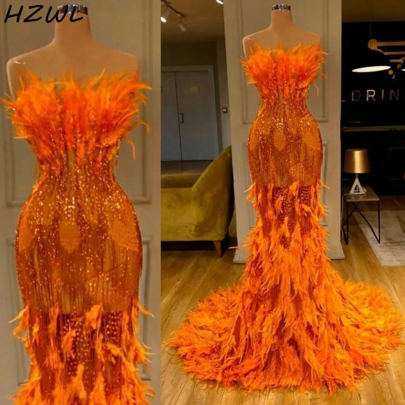 Feathers Orange Mermaid Prom Dresses With Strapless Sequined Sparkle Mermaid Evening Gowns robes de soirée Red Carpet Dress
Feathers Orange Mermaid Prom Dresses With Strapless Sequined Sparkle Mermaid Evening Gowns robes de soirée Red Carpet Dress