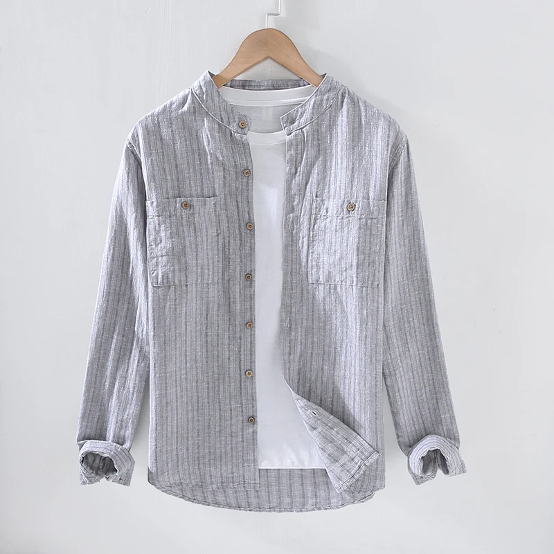 New Designer Long-sleeved Stand Collar Casual Stripe Brand Shirts Men Linen Fashion Double-pocket Tops Camisa Masculina Chemise
New Designer Long-sleeved Stand Collar Casual Stripe Brand Shirts Men Linen Fashion Double-pocket Tops Camisa Masculina Chemise