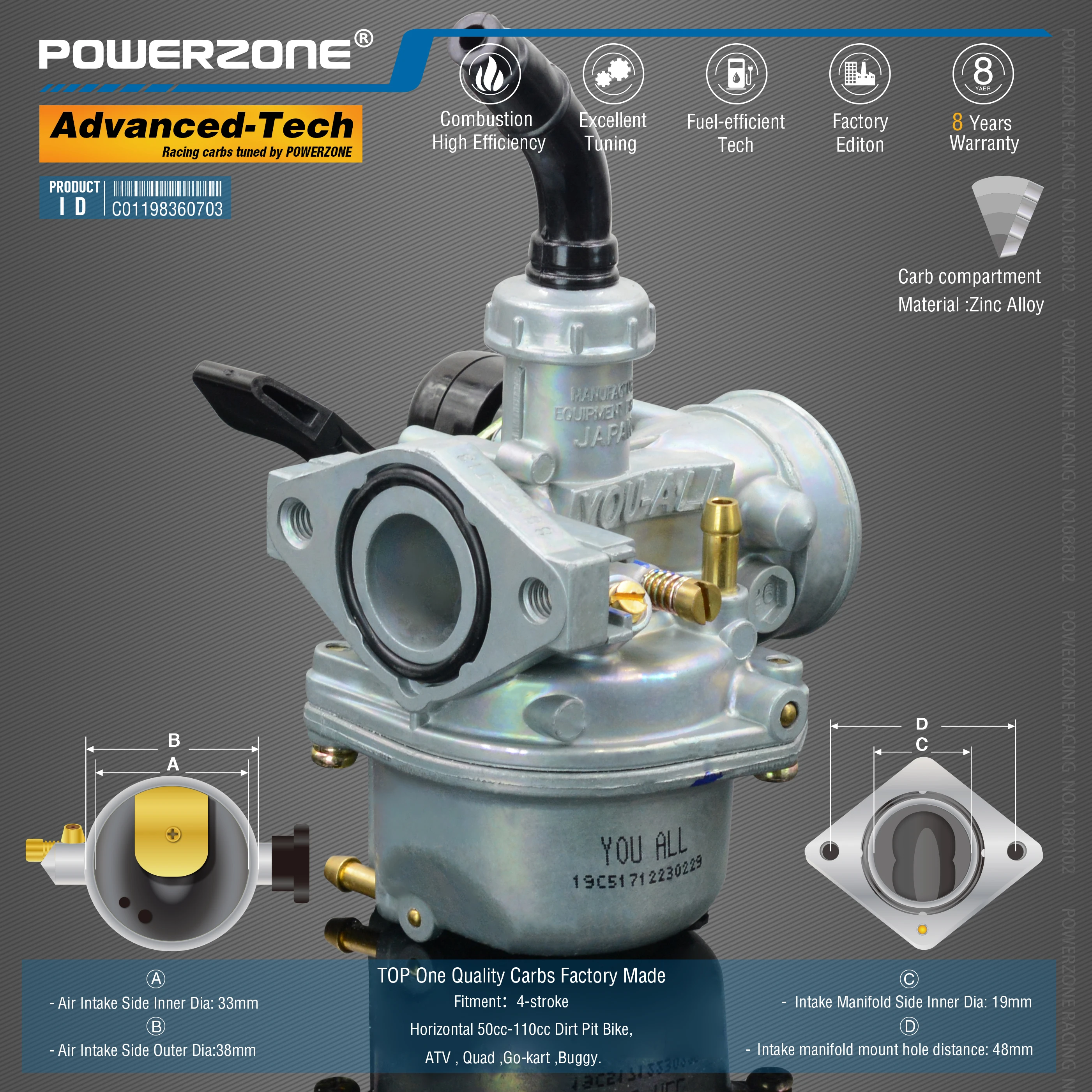 Powerzone Carburetor PZ19 19mm CVK Accelerator Pump Carb For Horizontal 50cc-110cc Dirt Pit Bike,ATV , Quad ,Go-kart ,Buggy
Powerzone Carburetor PZ19 19mm CVK Accelerator Pump Carb For Horizontal 50cc-110cc Dirt Pit Bike,ATV , Quad ,Go-kart ,Buggy