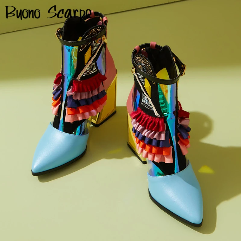 Ruffles Bird Decor High Heels Shoes Women Ankle Boots Chunky Heels Short Boots Bling Rhinestone Botas Zipper Ladies Footwear New
Ruffles Bird Decor High Heels Shoes Women Ankle Boots Chunky Heels Short Boots Bling Rhinestone Botas Zipper Ladies Footwear New