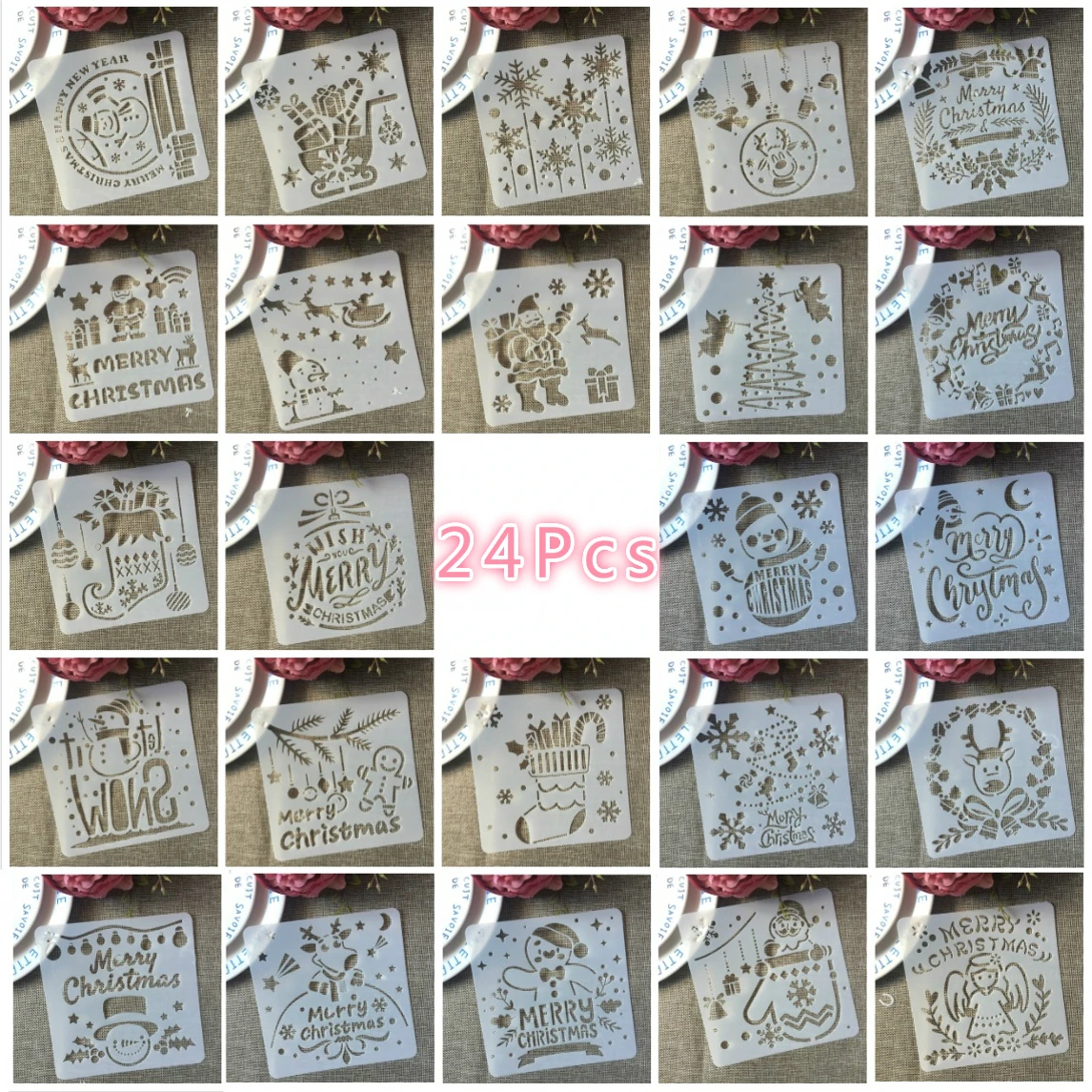 24Pcs/Lot 15*15cm Merry Christmas DIY Layering Stencils Wall Painting Scrapbook Coloring Embossing Album Decorative Template
24Pcs/Lot 15*15cm Merry Christmas DIY Layering Stencils Wall Painting Scrapbook Coloring Embossing Album Decorative Template