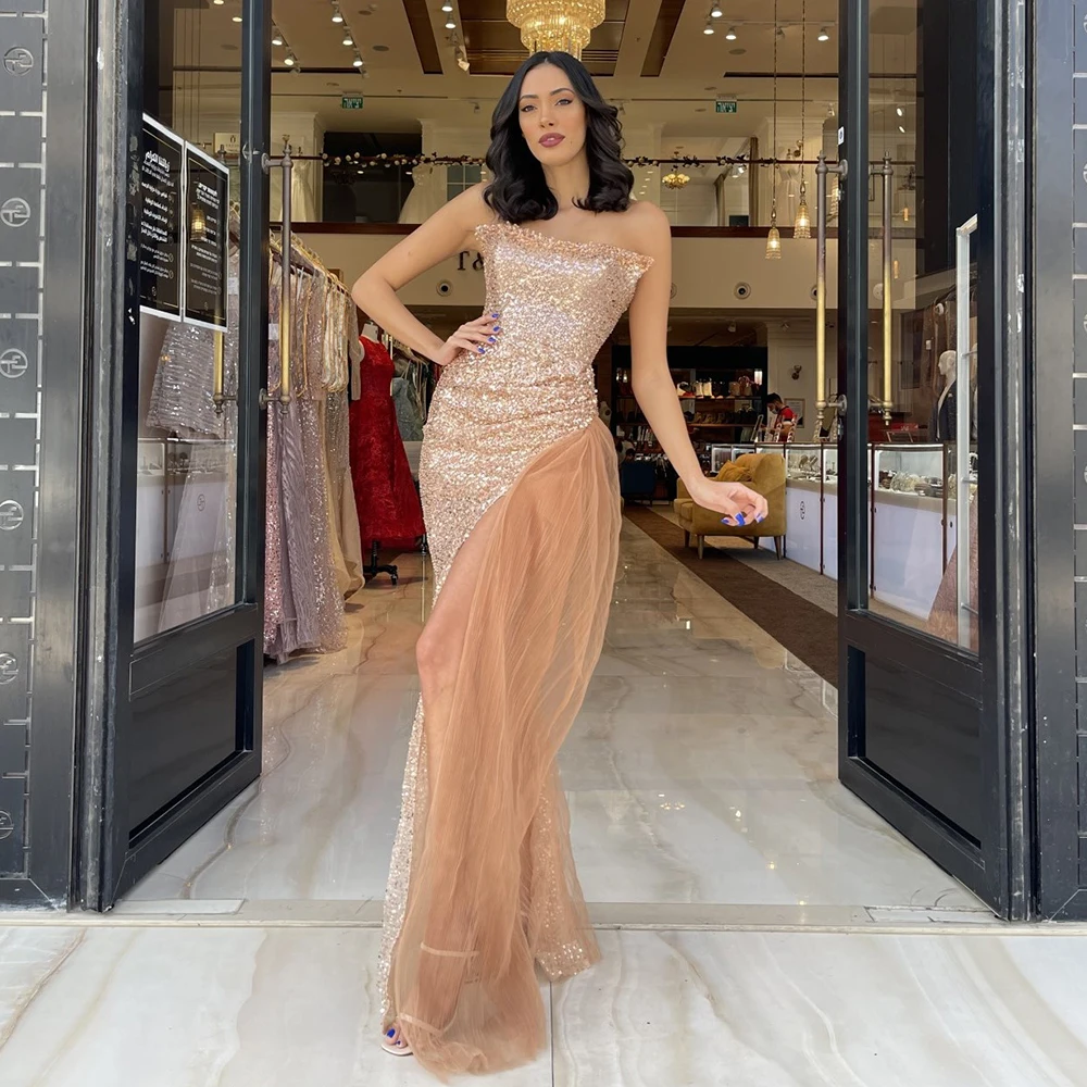Sequin Evening Dresses 2022 Champagne Strapless Elegant Mermaid Evening Gowns Side Split Beading Floor Length Bride Party Dress
Sequin Evening Dresses 2022 Champagne Strapless Elegant Mermaid Evening Gowns Side Split Beading Floor Length Bride Party Dress