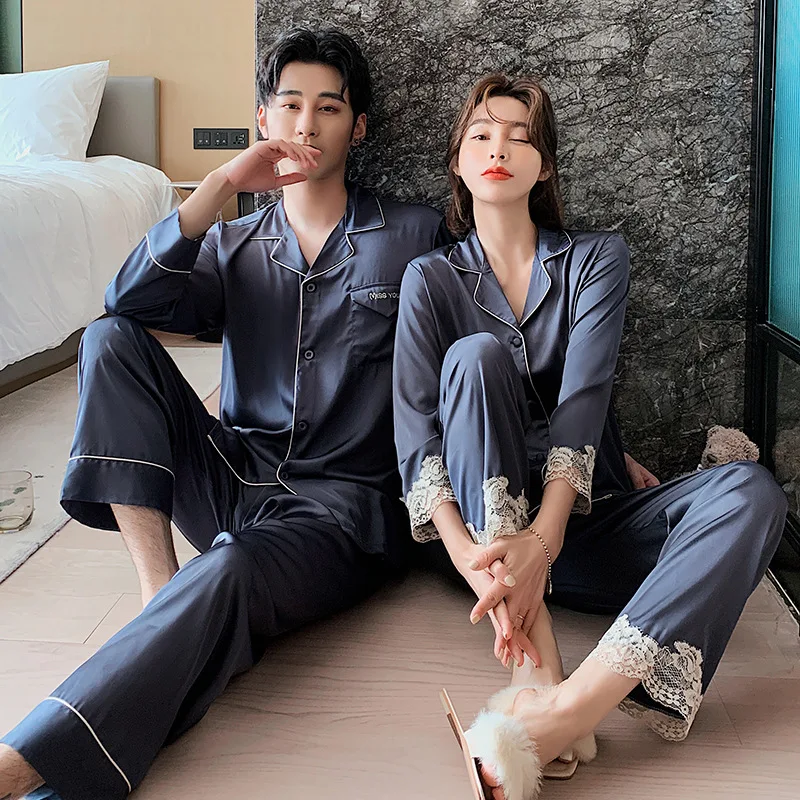 Summer Lace Sleepwear Satin Faux Silk Couple Pajamas Set 2PCS Shirt&Pant Long Sleeve Pyjamas Suit Men Loungewear Nightwear
Summer Lace Sleepwear Satin Faux Silk Couple Pajamas Set 2PCS Shirt&Pant Long Sleeve Pyjamas Suit Men Loungewear Nightwear