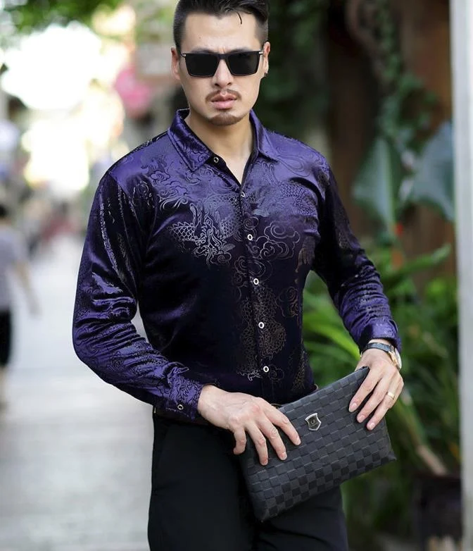 Autumn Winter Silk Velvet Shirt Men's Fashion Dragon Print Black Blue Long Sleeve Velour Tops Shirts Soft Thick Warm Dress Shirt
Autumn Winter Silk Velvet Shirt Men's Fashion Dragon Print Black Blue Long Sleeve Velour Tops Shirts Soft Thick Warm Dress Shirt