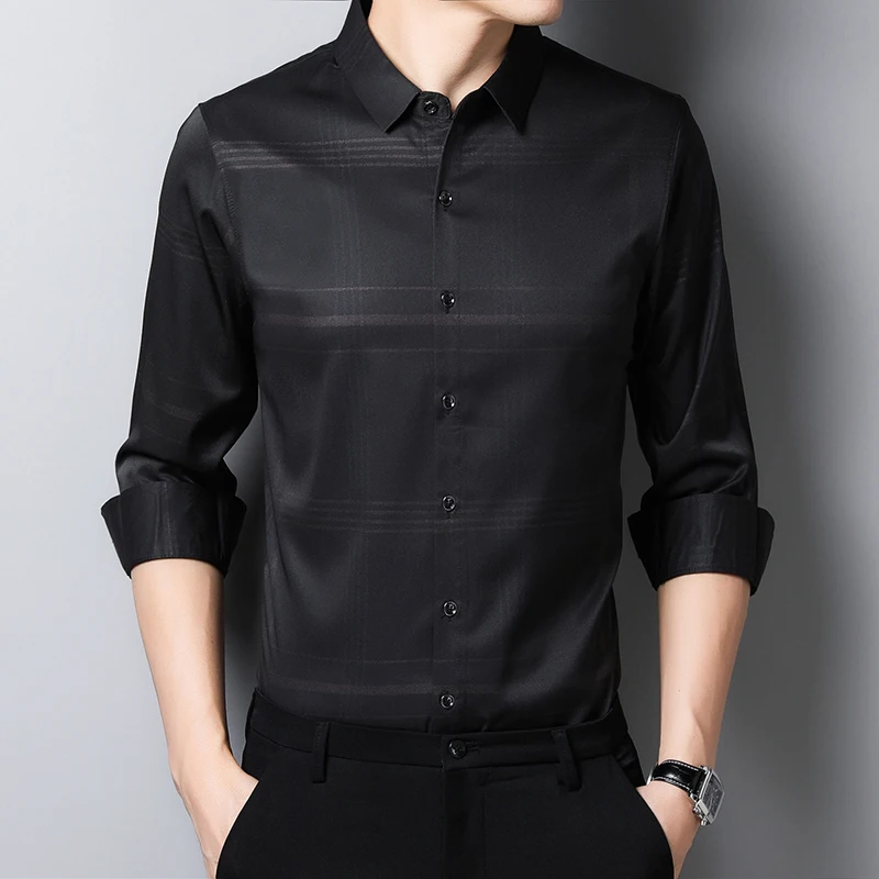 2021 Mens Long Sleeve Shirts Turn-down Collar Plaid Clothing Full Business Slim Fit Casual Shirts Men Black Blue Tops
2021 Mens Long Sleeve Shirts Turn-down Collar Plaid Clothing Full Business Slim Fit Casual Shirts Men Black Blue Tops