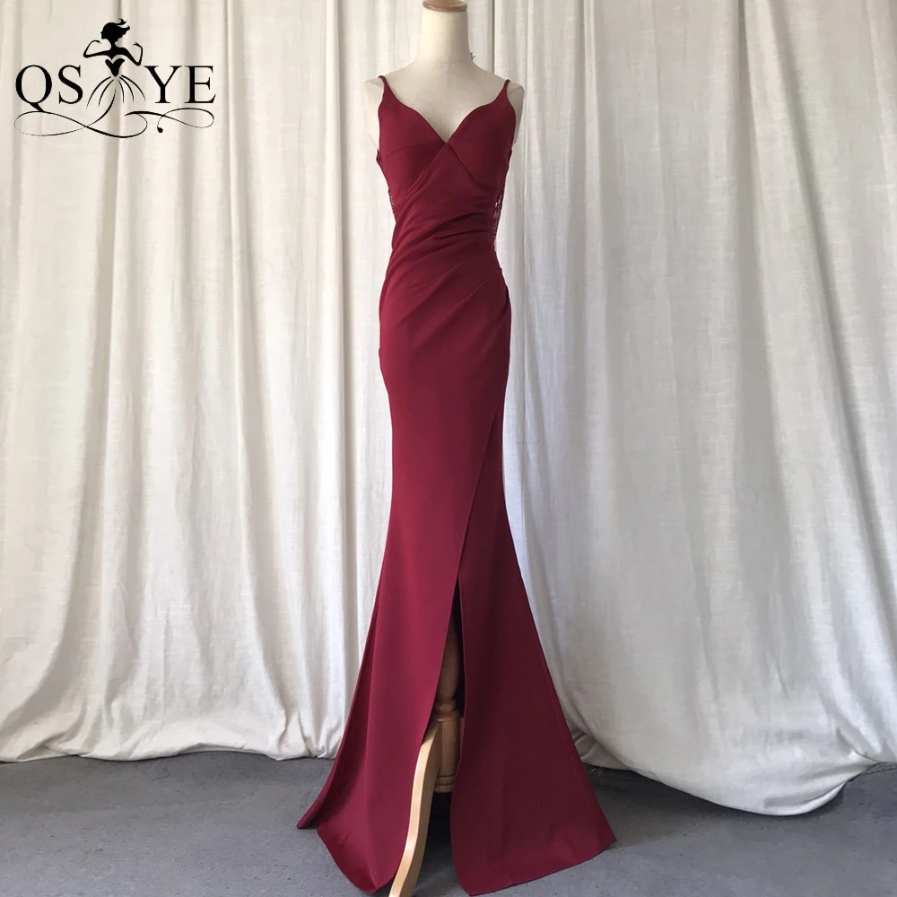 Stretchy Satin Dark Red Evening Dresses Spaghetti Straps Sexy V neck Split Prom Gown Ruched Open Beading Low Back Party Dress
Stretchy Satin Dark Red Evening Dresses Spaghetti Straps Sexy V neck Split Prom Gown Ruched Open Beading Low Back Party Dress